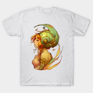 Garden Girl With A Snail Inspired Fantasy Headwear Art Nouveau Illustration T-Shirt